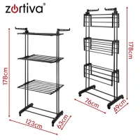 Zortiva 27129 Skládací sušák na prádlo na kolečkách 178 cm, 3 úrovně, černý