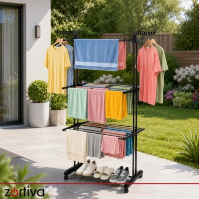 Zortiva 27129 Skládací sušák na prádlo na kolečkách 178 cm, 3 úrovně, černý