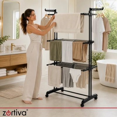 Zortiva 27129 Skládací sušák na prádlo na kolečkách 178 cm, 3 úrovně, černý