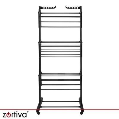 Zortiva 27129 Skládací sušák na prádlo na kolečkách 178 cm, 3 úrovně, černý