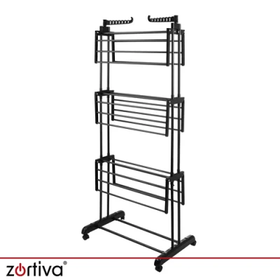 Zortiva 27129 Skládací sušák na prádlo na kolečkách 178 cm, 3 úrovně, černý