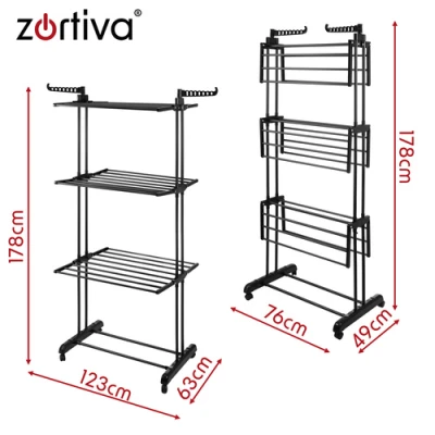 Zortiva 27129 Skládací sušák na prádlo na kolečkách 178 cm, 3 úrovně, černý