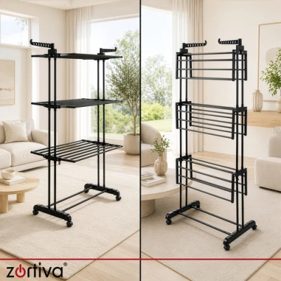 Zortiva 27129 Skládací sušák na prádlo na kolečkách 178 cm, 3 úrovně, černý