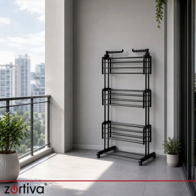 Zortiva 27129 Skládací sušák na prádlo na kolečkách 178 cm, 3 úrovně, černý