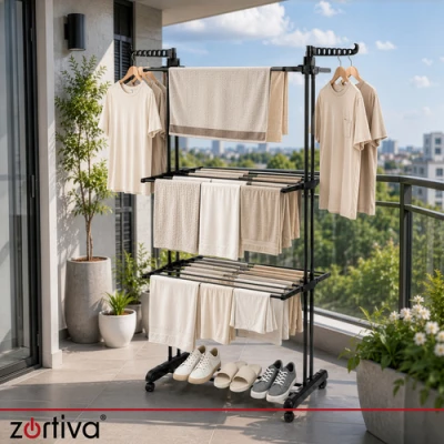 Zortiva 27129 Skládací sušák na prádlo na kolečkách 178 cm, 3 úrovně, černý