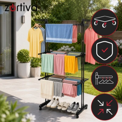Zortiva 27129 Skládací sušák na prádlo na kolečkách 178 cm, 3 úrovně, černý