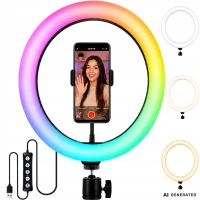 Verk 12485 LED RGB prstencová lampa s držákem na telefon, 10 W, USB, regulace jasu