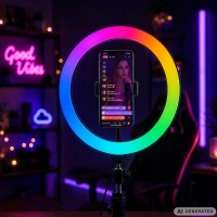 Verk 12485 LED RGB prstencová lampa s držákem na telefon, 10 W, USB, regulace jasu