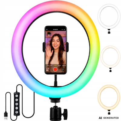 Verk 12485 LED RGB prstencová lampa s držákem na telefon, 10 W, USB, regulace jasu