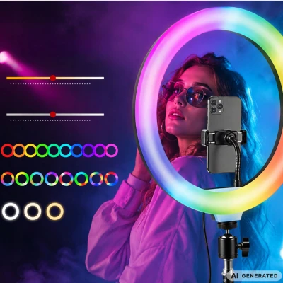 Verk 12485 LED RGB prstencová lampa s držákem na telefon, 10 W, USB, regulace jasu