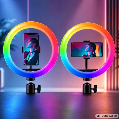 Verk 12485 LED RGB prstencová lampa s držákem na telefon, 10 W, USB, regulace jasu