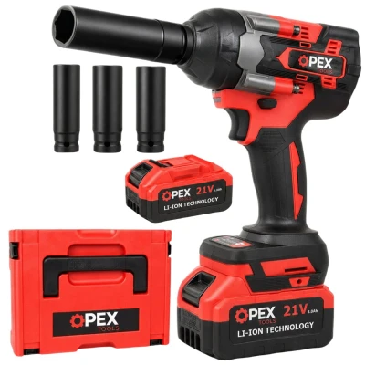 Opex Tools 28038 Aku rázový utahovák 21 V, 700 Nm, 2x baterie, nástavce a kufřík