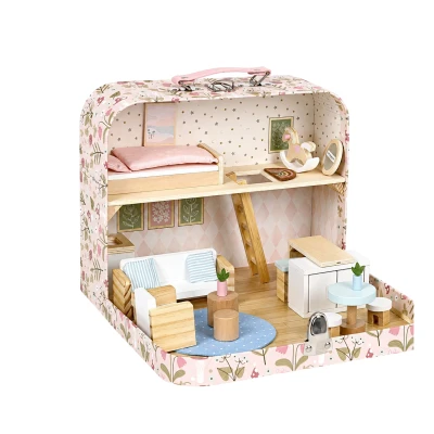 ECOTOYS EF4175 Domeček pro panenky v kufříku, dvoupatrový, 20 doplňků