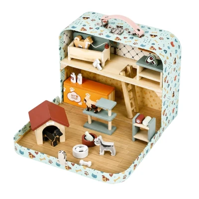ECOTOYS EF4172 Dvoupatrový zvířecí obchod v kufříku, dřevěná sada, 23 doplňků