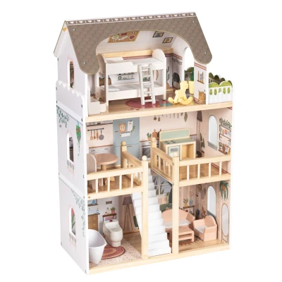 ECOTOYS EF8208 Drevený domček Laura, 3 poschodia, 5 izieb, 15 kusov nábytku