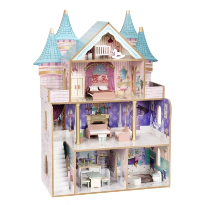 ECOTOYS EF8306 Dřevěný domeček pro panenky Bella, zámek, 4 patra, 5 pokojů, 15 ks nábytku