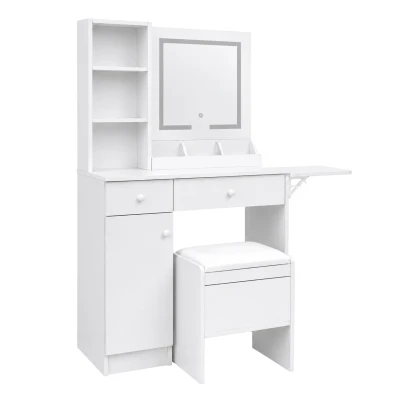 ModernHome ZDT-25 Toaletný stolík so zrkadlom a LED osvetlením, stolička, biely