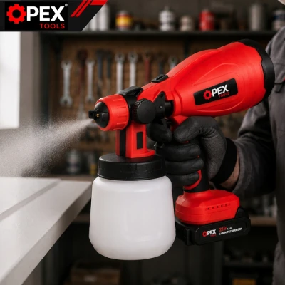 Opex Tools 28002 Akumulátorová striekacia pištoľ na farby 800 W, 21 V, 2x akumulátor 1,5 Ah, nádrž 1 l