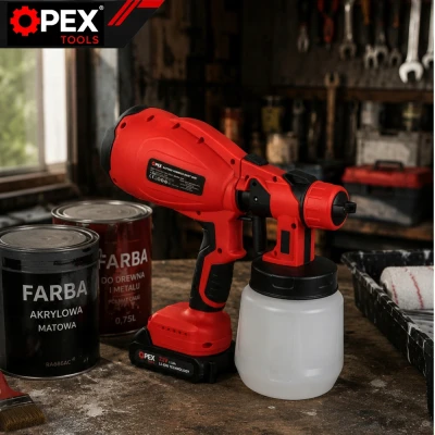 Opex Tools 28002 Akumulátorová striekacia pištoľ na farby 800 W, 21 V, 2x akumulátor 1,5 Ah, nádrž 1 l