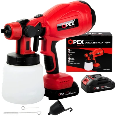 Opex Tools 28002 Akumulátorová striekacia pištoľ na farby 800 W, 21 V, 2x akumulátor 1,5 Ah, nádrž 1 l
