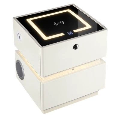 KIK KX2634 Noční stolek SMART s bezdrátovým nabíjením, Bluetooth reproduktory a zámkem na otisk prstu, béžový