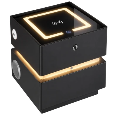 KIK KX2634 Noční stolek SMART s bezdrátovým nabíjením, Bluetooth reproduktory a zámkem na otisk prstu, černý
