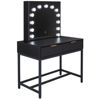 KIK KX2636 Kosmetický toaletní stolek s LED zrcadlem, 13 žárovek, zásuvky, černý
