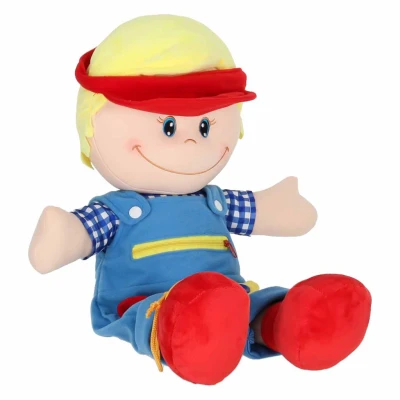 KIK KX2513 Látková senzorická panenka 48 cm pro nácvik oblékání a zavazování, chlapec