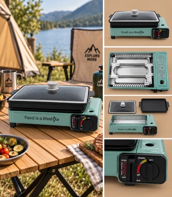GORDON G1519 Turistický plynový vařič 2200 W s grilovacím roštem a nádobou s poklicí