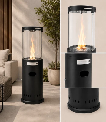 GORDON G1540 Plynový zahradní ohřívač 11 kW, kulatý, černý, s efektem plamene a skleněným krytem