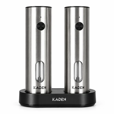 Kaden AIE-KYMQ-67C Elektrické mlýnky na sůl a pepř s nabíjecí základnou, sada 2 ks, stříbrné