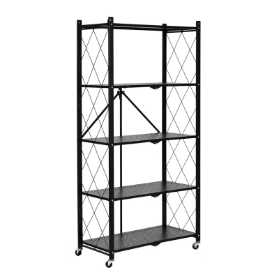 ModernHome LTR5-1 Skladací kovový regál na kolieskach, 5 políc, 158 x 34 x 70,5 cm, čierny