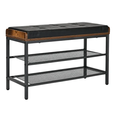 ModernHome LT1 Skriňa na topánky s prešívaným sedadlom z eko-kože a 2 policami, 80 cm, čierna