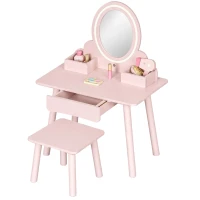 ECOTOYS TL106008 Detský drevený kozmetický stolík s LED zrkadlom a stoličkou, ružový