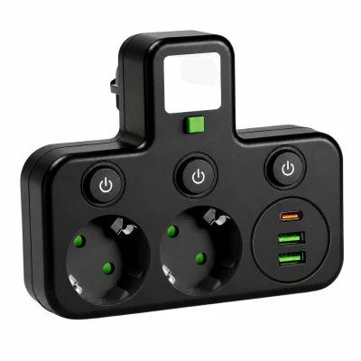 APT DA706 Zásuvková rozdvojka 2x 230 V, USB-A, USB-C s vypínači, černá