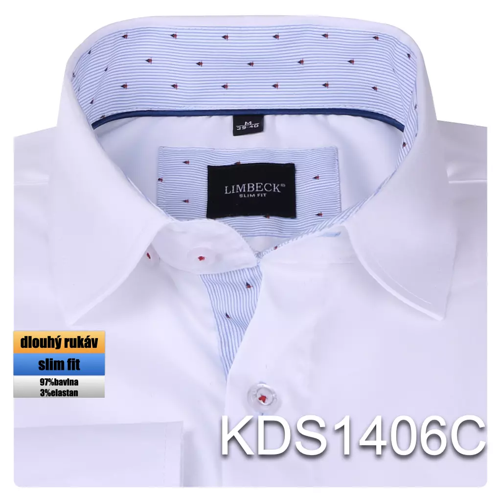 bílá košile s modrými doplňky