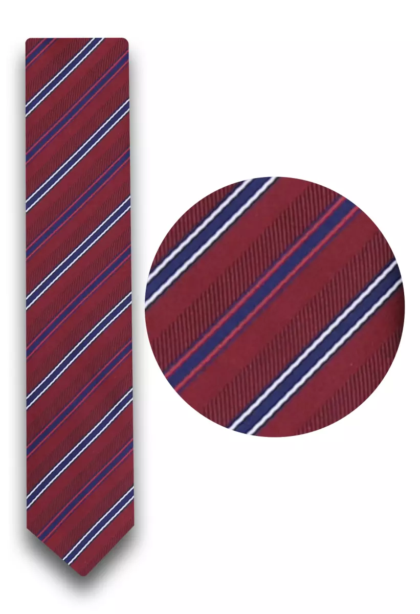 vínová kravata s modrým příčným pruhem