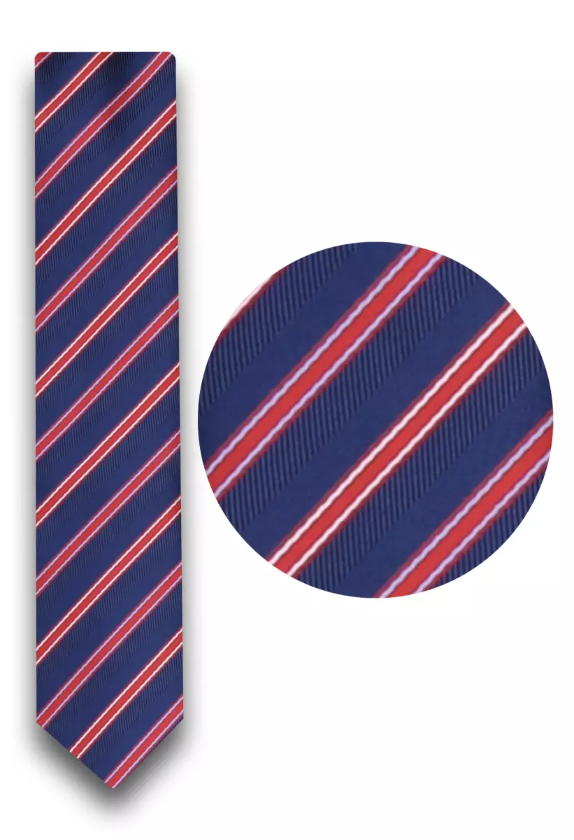 tmavě modrá kravata s červeným příčným pruhem