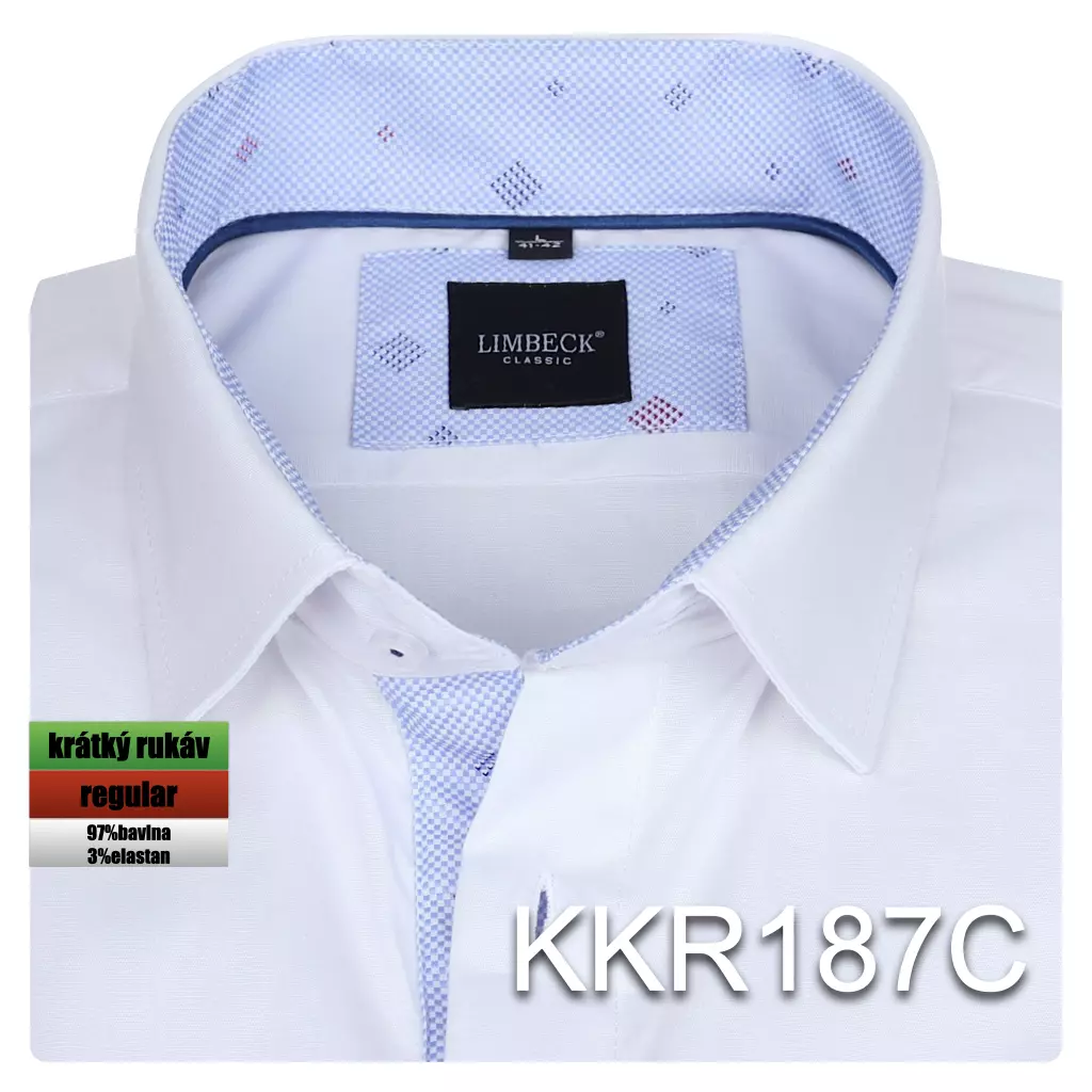 bílá košile s jemnými modrými doplňky