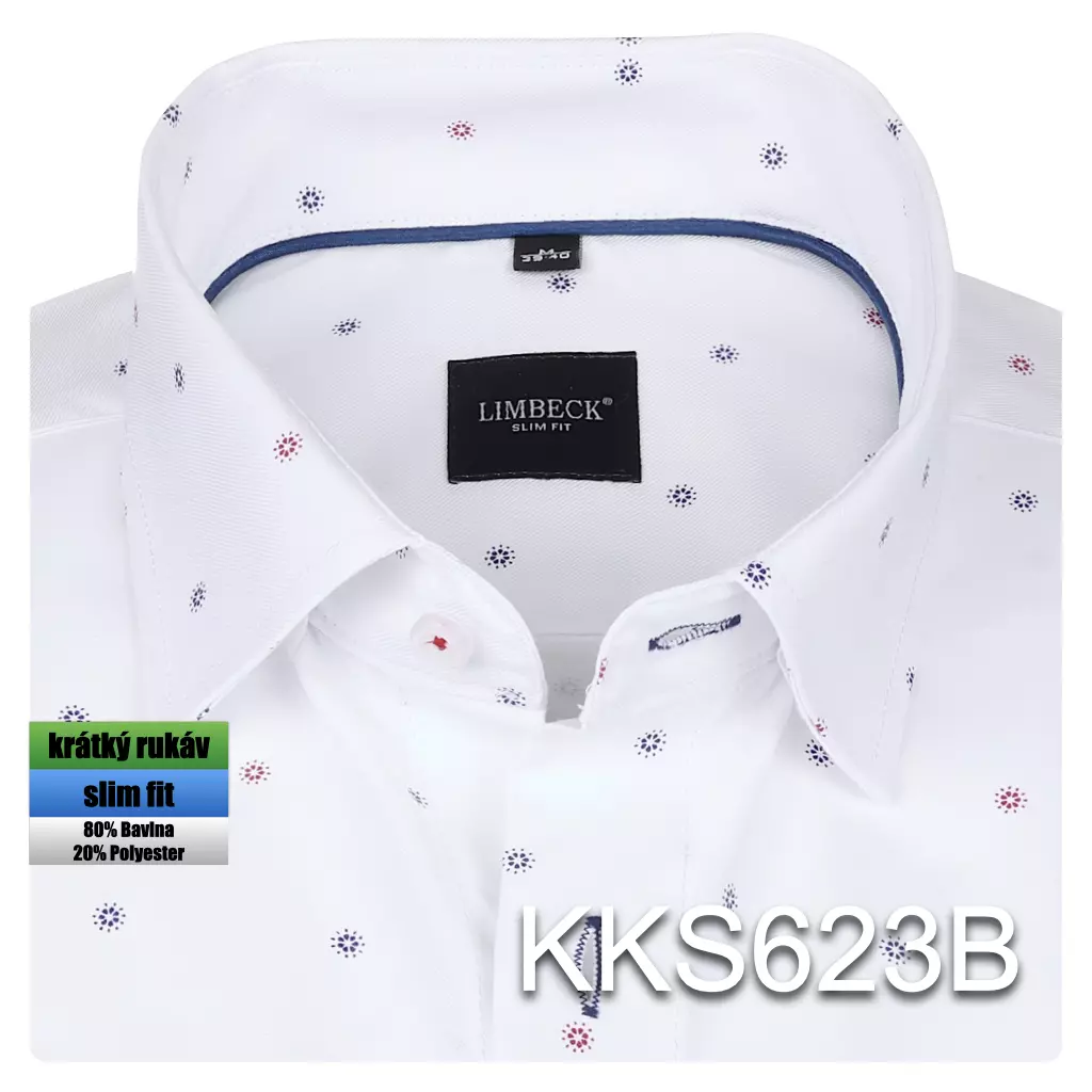 bílá košile s modročervenými prvky