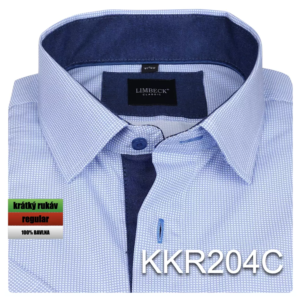 modrá košile s jemným vzorem a tmavými doplňky