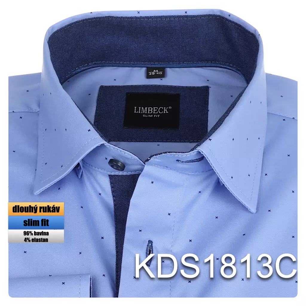 modrá košile s jemným vzorem a tmavými doplňky