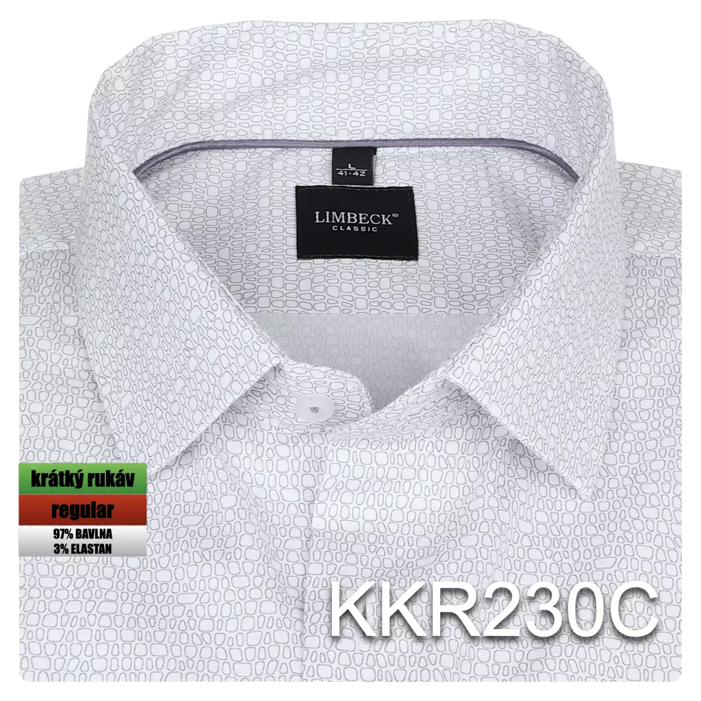 bílá košile s jemným šedým vzorem a doplňky
