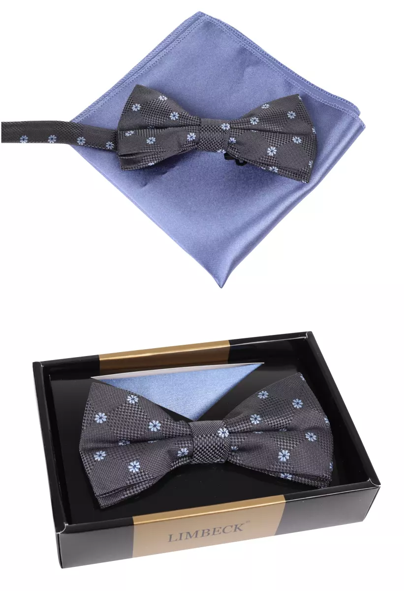 set motýlek a kapesníček modré a šedé barvy