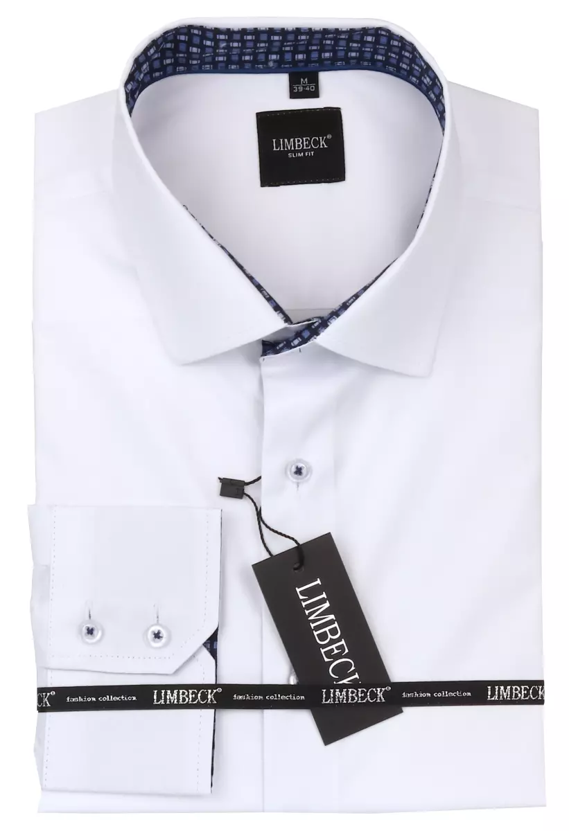 bílá košile s modrými doplňky