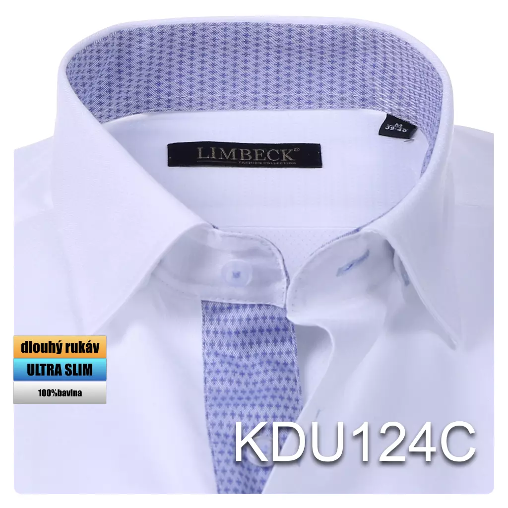 bílá košile s modrými doplňky