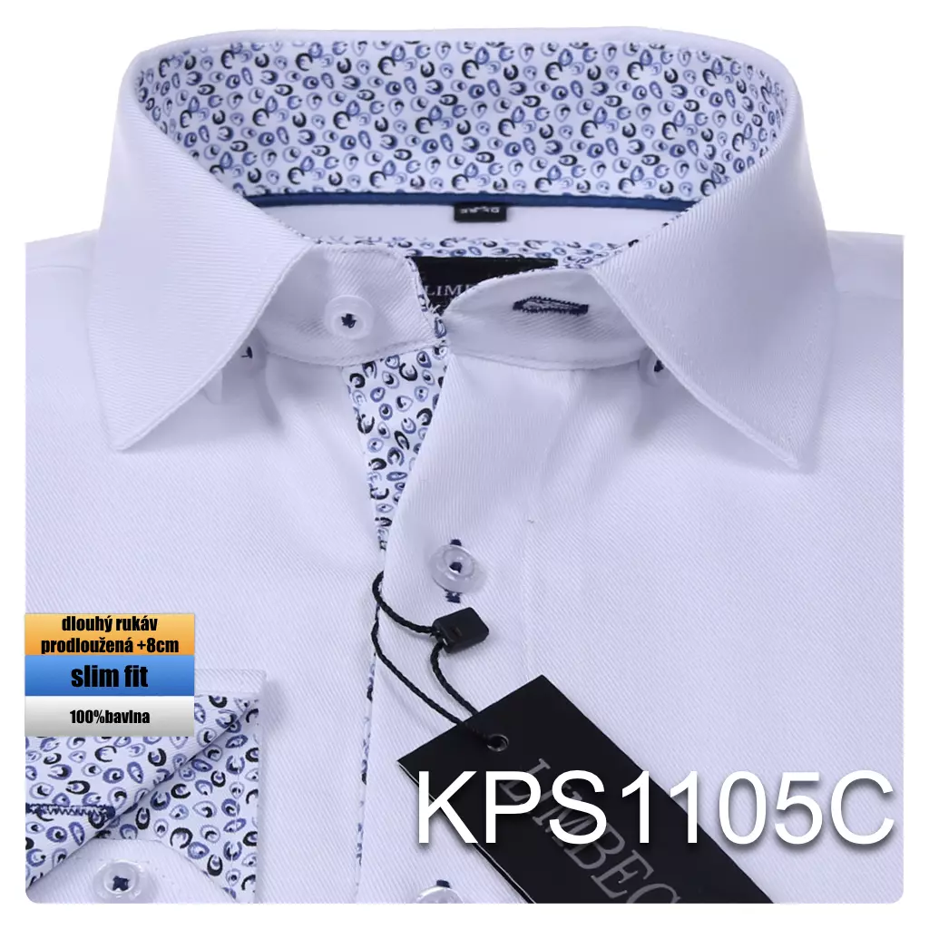bílá košile s texturou a modrými doplňky