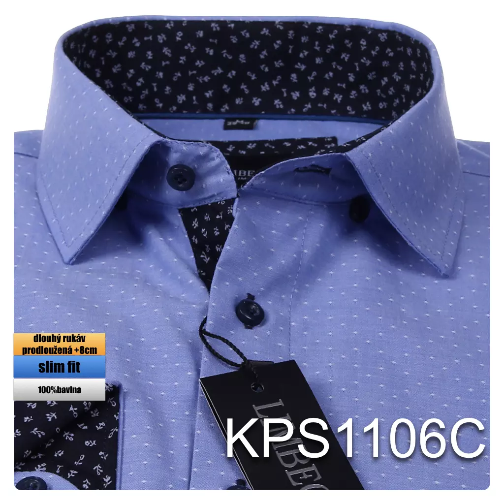 modrá košile se vzorem a doplňky