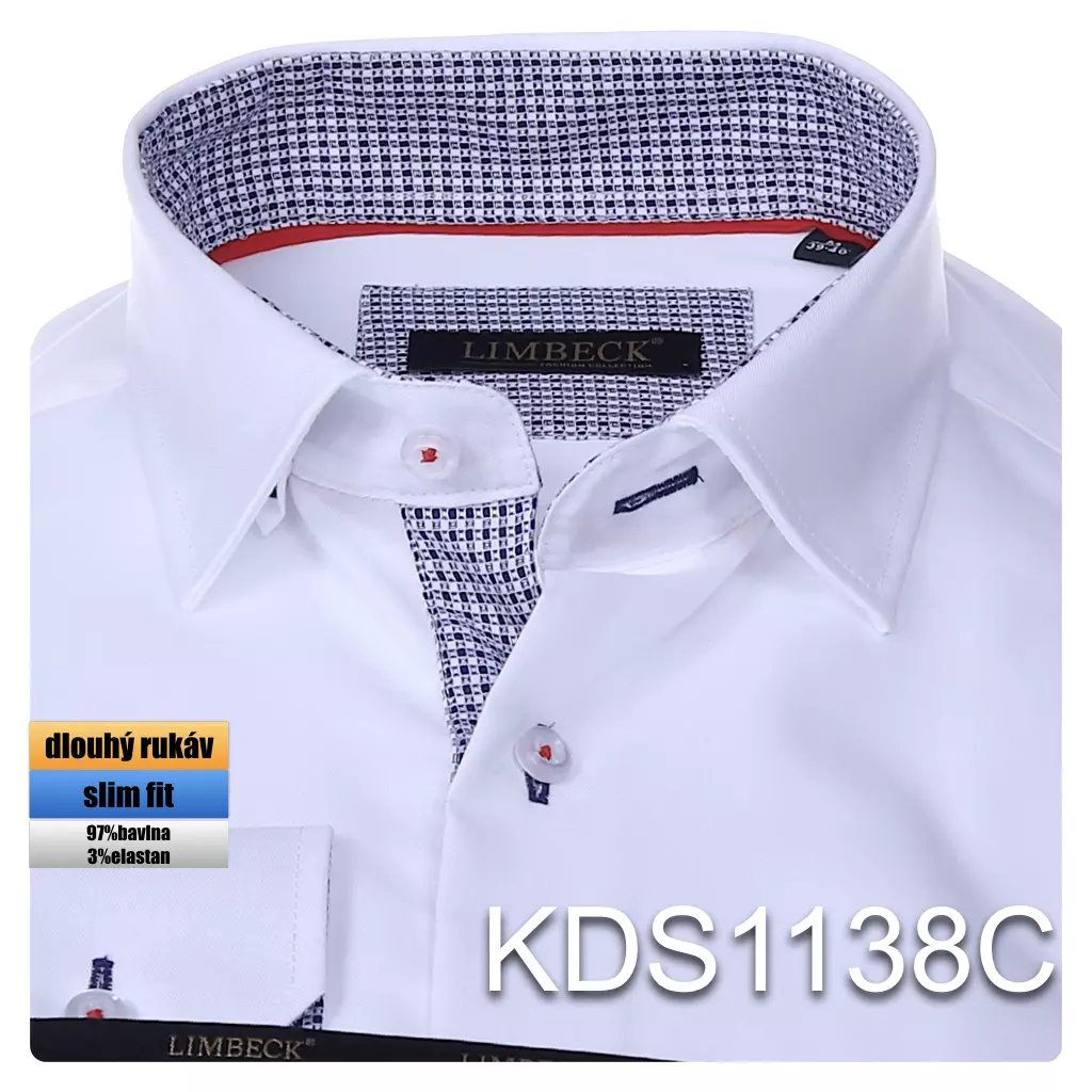 bílá košile s modro-červenými doplňky
