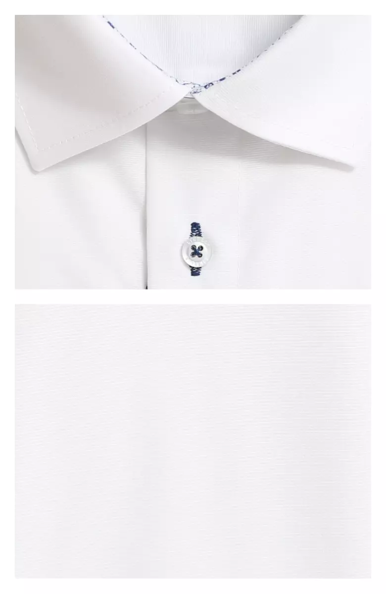košile bílá, modrý vzor v límci